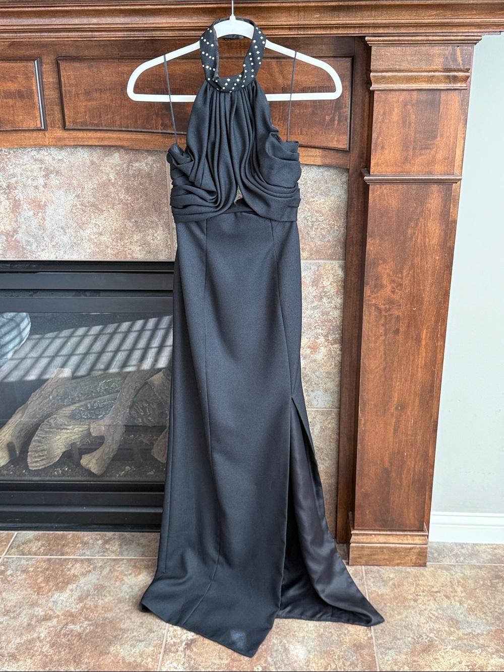 Vintage 80s Mike Benet Formals Black Rhinestone Halter Gown Draped Maxi XXS